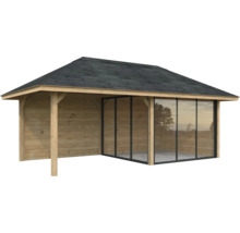 Abri de jardin en bois avec portes coulissantes et terrasse couverte