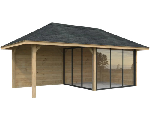 Abri de jardin en bois avec portes coulissantes et terrasse couverte