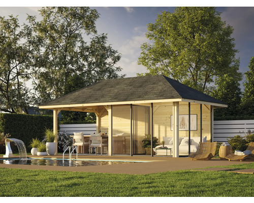 Scène de jardin avec piscine, chaises longues et cabanon de jardin en bois