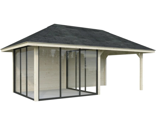 Maison de jardin en bois avec façade en verre et toit
