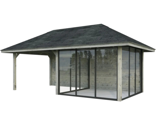 Holzgartenhaus mit Glasfront und Schindeldach