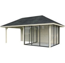 Pavillon en bois avec parois coulissantes en verre et bardeaux de toiture
