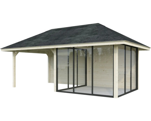 Pavillon de jardin en bois avec façade en verre et véranda couverte