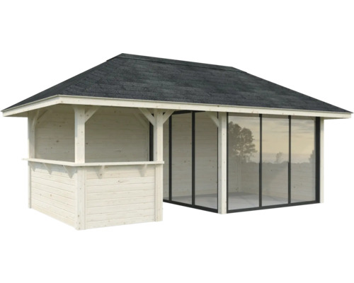 Pavillon de jardin avec murs en bois, façade en verre et toit