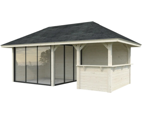 Pavillon de jardin en bois avec portes coulissantes et toit