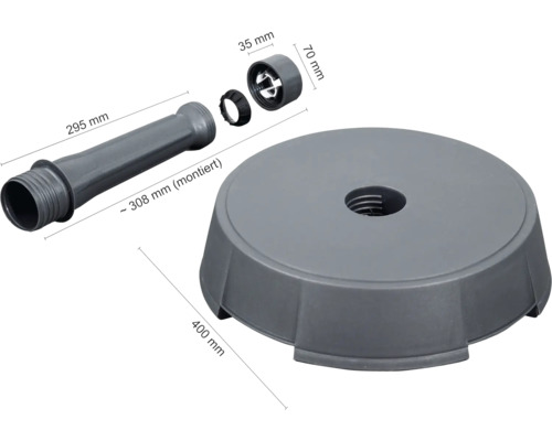 Einzelteile für einen Gartenschirmständer mit Maßangaben