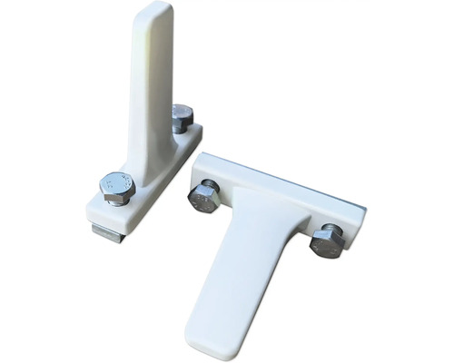 Deux supports de poignée de fenêtre en forme de T blancs avec des vis