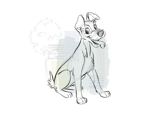 Poster Disney Lady and the Tramp Hello Tramp 40x50 cm Illustration eines sitzenden Hundes mit Baum im Hintergrund