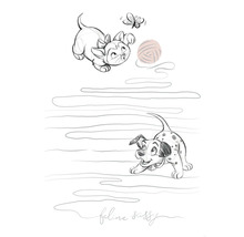 Illustration eines Kätzchens, eines Schmetterlings, eines Garnknäuels und eines Dalmatiners