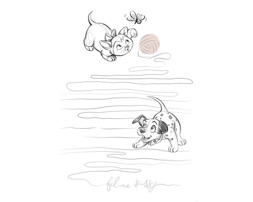 Illustration eines Kätzchens, eines Schmetterlings, eines Garnknäuels und eines Dalmatiners