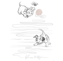 Skizze einer spielenden Katze und eines Dalmatinerwelpen mit einem Schmetterling und einem Wollknäuel