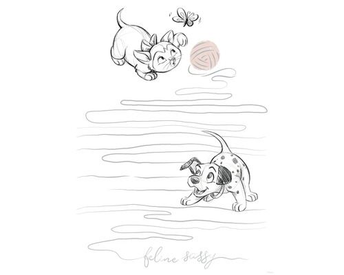 Poster Disney Animals Dogs and Cats Playground 30x40 cm Skizze einer spielenden Katze und eines Dalmatinerwelpen mit einem Schmetterling und einem Wollknäuel