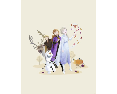 Poster Disney Frozen Autumn Feeling 40x50 cm Illustration der Charaktere aus Frozen, darunter Elsa, Anna, Kristoff, Sven und Olaf vor Bäumen und Kürbissen.