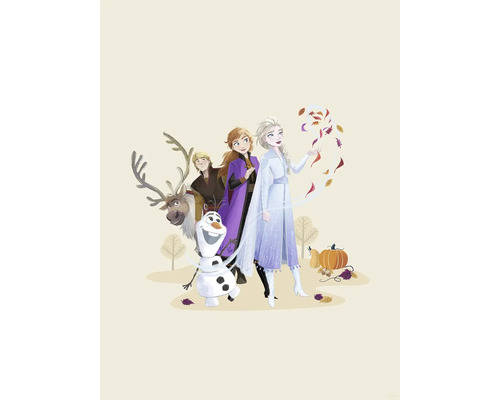 Poster Disney Frozen Autumn Feeling 30x40 cm Illustration von Charakteren aus dem Film Die Eiskönigin, darunter Anna, Elsa, Kristoff, Rentier Sven und Schneemann Olaf.