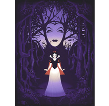 Illustration de Blanche-Neige devant le visage de la méchante reine dans la forêt