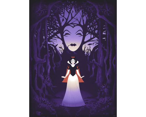 Illustration de Blanche-Neige devant le visage de la méchante reine dans la forêt