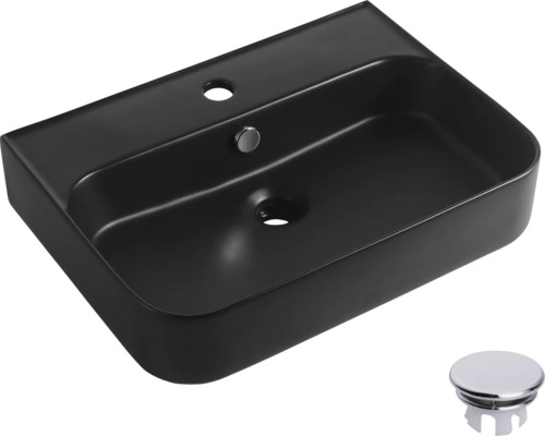 Schwarzes Aufsatzwaschbecken aus Keramik mit Ablaufgarnitur