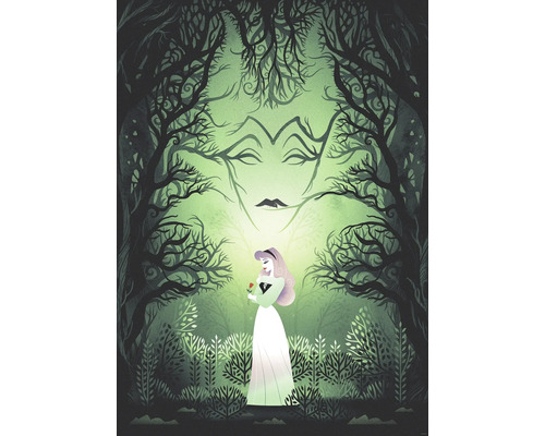 Poster Disney Sleeping Beauty Aurora Maleficent 50x70 cm Illustration einer Frau, die eine Rose hält, in einem Wald mit einem Gesicht aus Bäumen.
