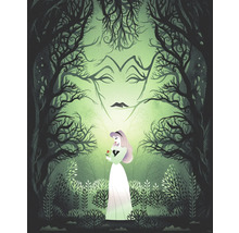 Illustration einer Frau mit einer Rose im Wald mit Baumgesicht