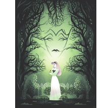 Illustration einer Frau mit Rose in einem Wald mit Bäumen, die eine Gesichtsform bilden
