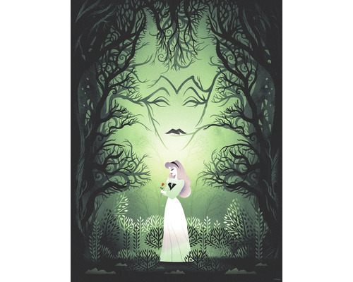 Illustration einer Frau mit Rose in einem Wald mit Bäumen, die eine Gesichtsform bilden