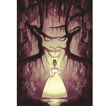 Illustration einer Frau in einem Kleid vor einem Baumgesicht im Wald.