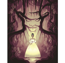 Illustration einer Frau im Ballkleid vor einem Baum mit einem Gesicht im Wald