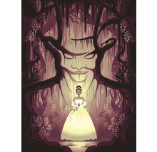 Illustration einer Frau in einem Ballkleid, die in einem Wald steht, mit einem Gesicht, das aus Ästen geformt ist