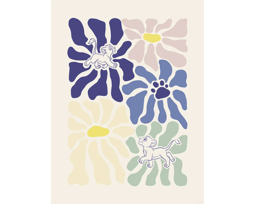 Illustration mit Simba-Figuren und Blumenmotiven