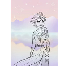 Illustration einer jungen Frau mit langem Haar und verzierten Kleidern vor einer Bergkulisse.