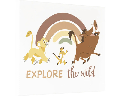 Illustration mit den Figuren Simba, Timon und Pumbaa aus König der Löwen und einem Regenbogen.