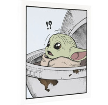 Illustriertes Bild von Baby Yoda in seinem Kinderwagen mit einem Fragezeichen und einem Ausrufezeichen darüber