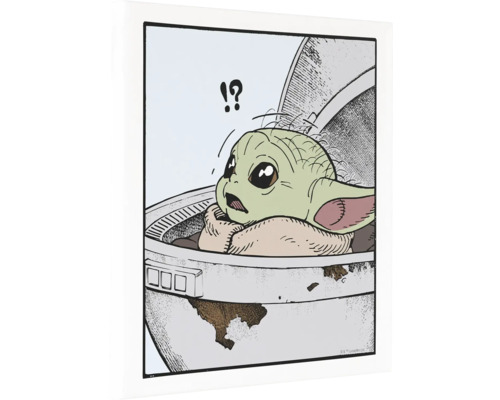 Leinwandbild Star Wars The Mandalorian Grogu Shocked 40x40 cm Illustriertes Bild von Baby Yoda in seinem Kinderwagen mit einem Fragezeichen und einem Ausrufezeichen darüber