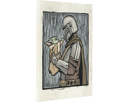 Leinwandbild Star Wars The Mandalorian Lino-Cut 30x40 cm Illustration von Mandalorianer mit Kind