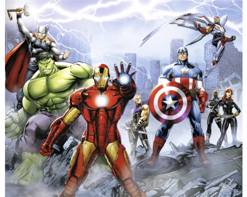 Papier peint panoramique intissé DX6-183 Marvel Avengers Ultimate Warr 6 pces 250 x 300 cm Illustration du groupe de super-héros Avengers avec Thor, Hulk, Iron Man, Hawkeye, Captain America, Falcon, Black Widow