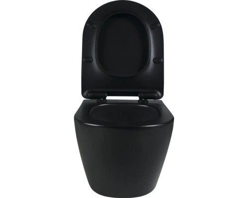 Toilette à fond creux noire avec couvercle de toilette ouvert