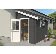 Gartenhaus mit geöffneter Tür und Fenster zur Gartenseite