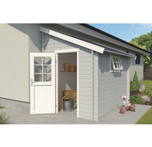 Gartenhaus mit geöffneter Tür und Fenster zur Aufbewahrung von Gartengeräten