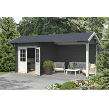 Gartenhaus mit überdachter Terrasse und Gartenmöbeln im Außenbereich.