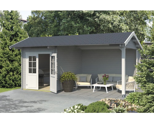 Abri de jardin avec auvent et meubles de jardin sur terrasse