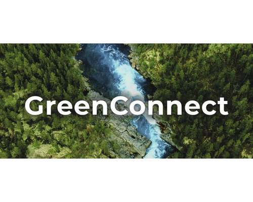 Logo GreenConnect sur une vue aérienne d''une rivière entre des forêts