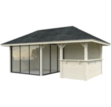 Pavillon en bois avec façade en verre et bar