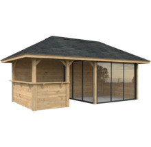 Pavillon de jardin en bois avec portes coulissantes en verre et carton bitumé