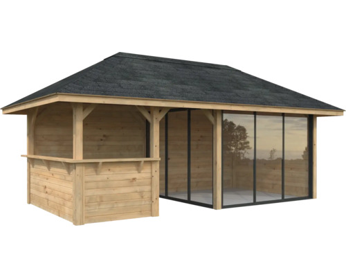 Pavillon de jardin en bois avec portes coulissantes en verre et carton bitumé