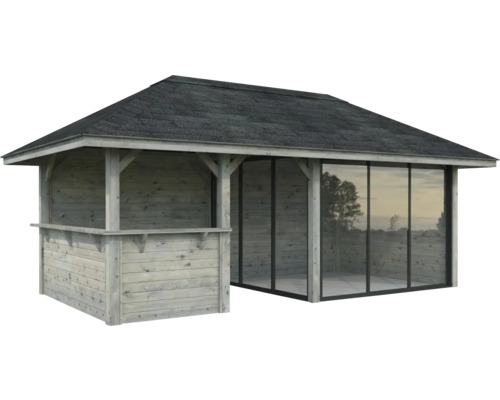 Pavillon de jardin en bois avec toit en bardeau et façade vitrée