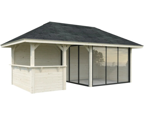 Abri de jardin en bois avec façade en verre et toit en bitume