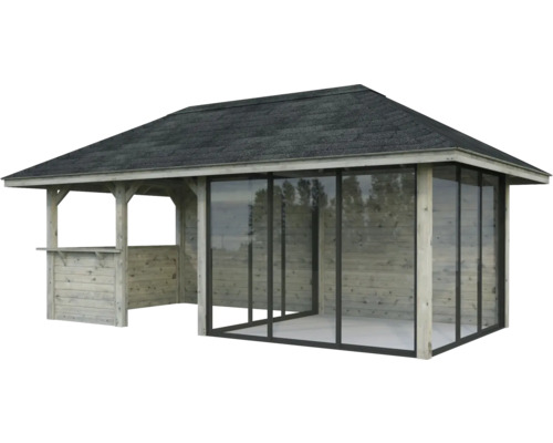 Gartenpavillon mit Holzverkleidung, Glasfront und dunklem Dach