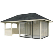 Pavillon en bois avec toit en bardeaux et vitrage