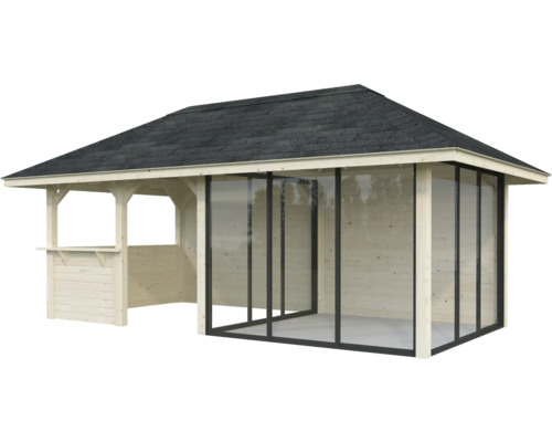 Pavillon en bois avec toit en bardeaux et vitrage