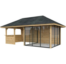 Pavillon de jardin en bois avec toit et éléments latéraux en verre